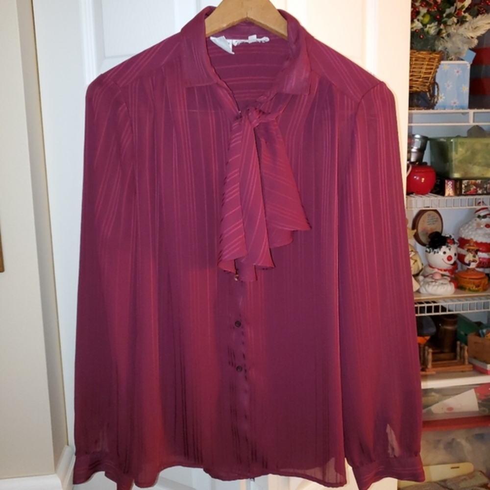 Vintage Ladies 90’S Button down long sleeve blouse with neck scarf tie size 8